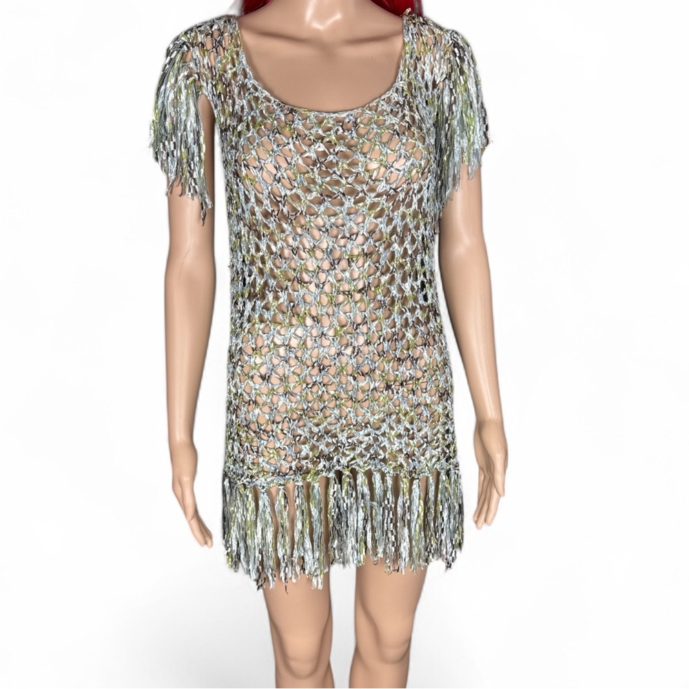 BCBGMaxAzria Womens Crochet Mini Dress Size M Turquoise Coverup Openweave